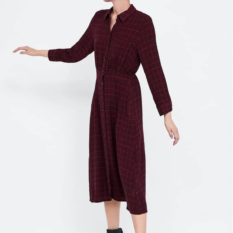 

ZA 2019 Spring New Women Casual Plaid Print Full Sleeve Women Dresses
