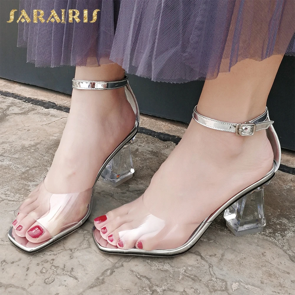 Fashion PVC Transparent Sheepskin Insole Sandals Woman Summer 2019 Ankle Strap High Heels Sandals Women Shoes Woman