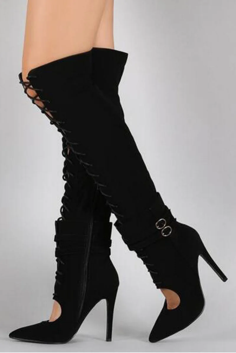 Botas Gratis Rodilla Cuero Gladiador Recorte Ante La Moda Alta as Picture Punta Talón As Encaje Mujeres De Picture Envío Estrecha Fina vCdqwq