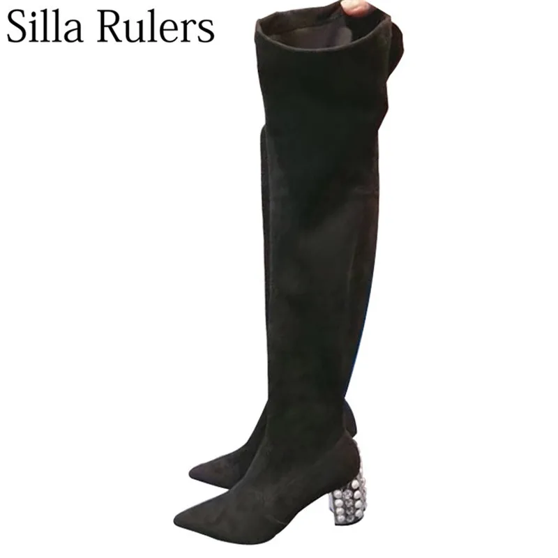 

Silla Rulers 2018 Luxurious Pearl Heel Over The Knee Boot Women Pointed Toe Stretch Fabric Long Boots Woman Lean Leg Women Boots