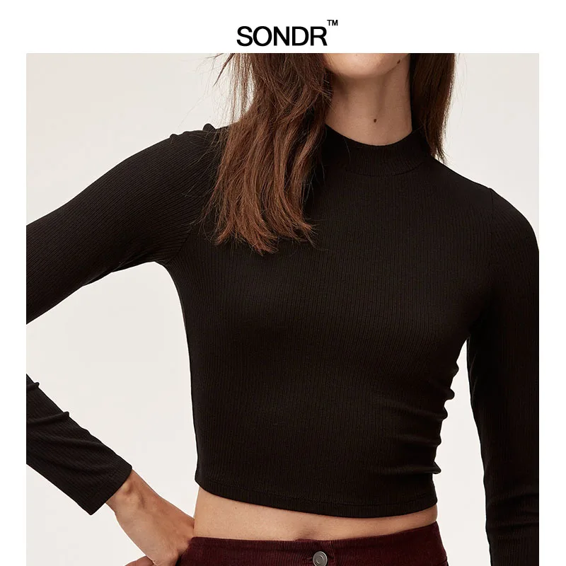 

SONDR 2019 Summer Long sleeve leisure elastic T-shirt female new sexy slimming thin bottom shirt cotton top female Round collar