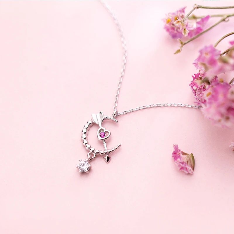 

MloveAcc Genuine 925 Sterling Silver Cupid's Arrow Moon Pendant Necklaces for Women Nice Valentine's Day Gift