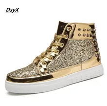DsyX Men Fashion Winter Flats High Top Golden Silver Rivet Sequins Shiny Shoes Leather Casual Shoes Brand