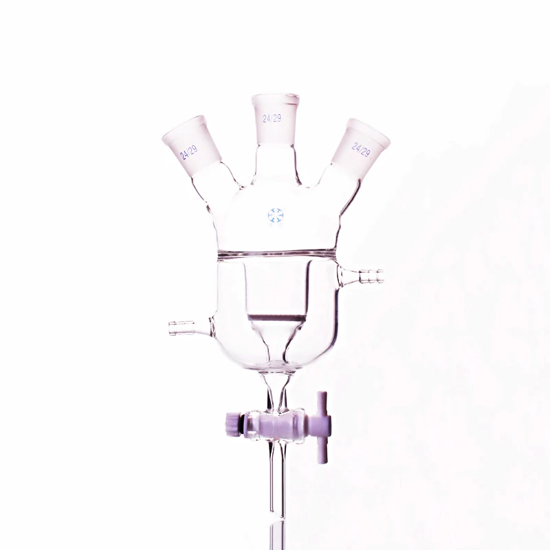 Двухслойная цилиндрический три шеей Круглый колбу 50 мл 24/29, мезонин рубашкой реактор колбу с песком, PTFE переключатель