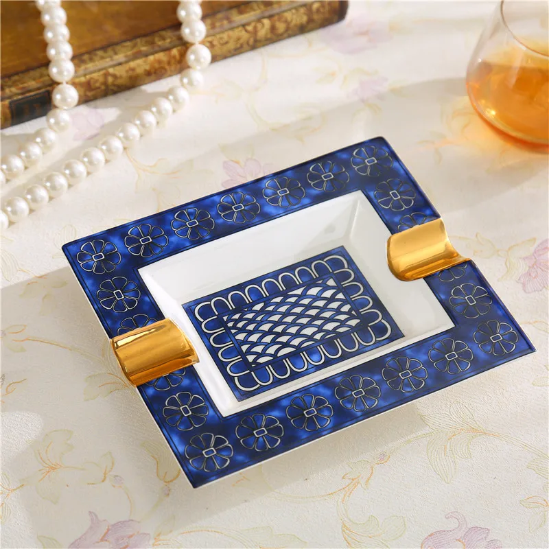 

Luxury Gold Fine Bone China Ashtray Handmade Rectangular Porcelain Cigar Ash Tray Smoking Accessories Gifts For Boss Dad R754