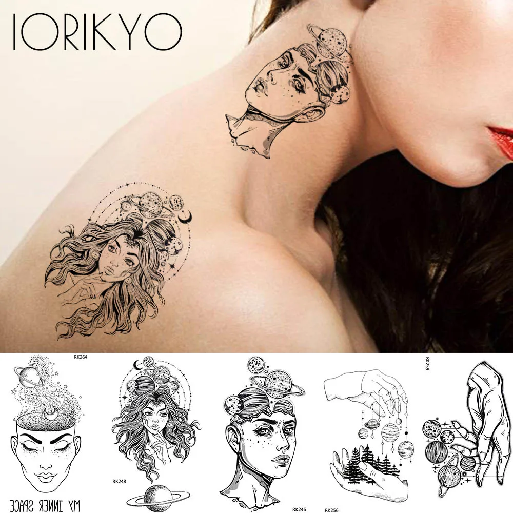 

IORIKYO Small Wisdom Temporary Tattoo Stickers Women Body Arm Fake Tatoo Thinker Planet Art Men Ear Waterproof Tattoo Girl Decal
