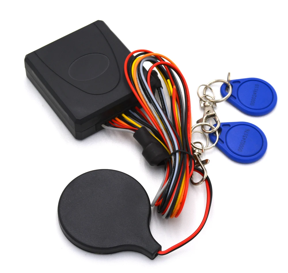 

RFID motorcycle alarm system is with 2pcs transponder tags,release engine immobilizer after ignition or remote unlock,rfid loop