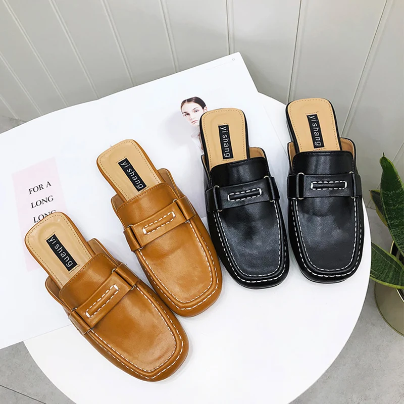 

Sewing Slipper Woman Low Heels Mules Patchwork Slides Closed Toe Shoe Shallow Loafers High Quality Sandalias Mujer Black Brown