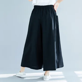 

2019 Summer Women Cotton Linen Solid Color Kimono Pants Mid Big Size Loose Thin Retro Side Pockets Wide Leg Pants