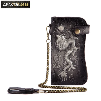 

Cattle Male Organizer Original leather Design Dargon Tiger Emboss Checkbook Iron Chain Wallet Purse Clutch Handbag 1088-bd