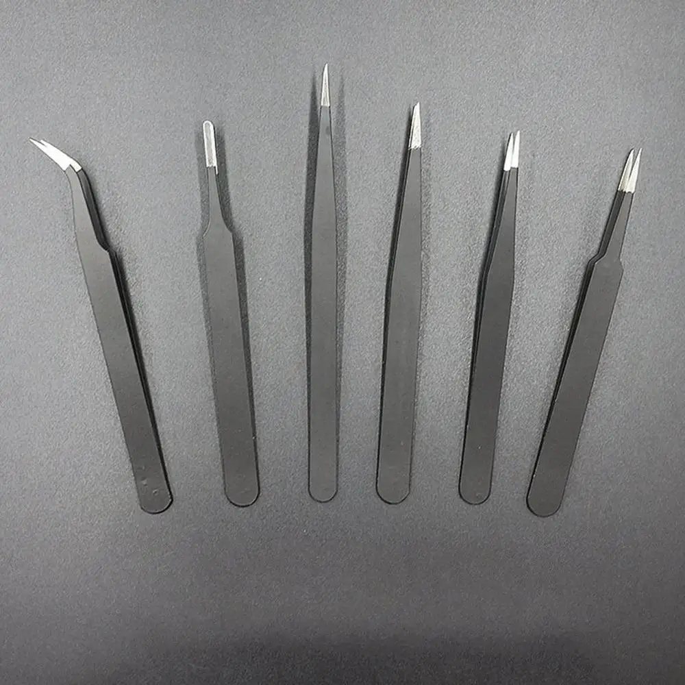 

6Pcs Black Anti-static Stainless Steel Tweezers Maintenance Tools Industrial Precision Curved Straight Tweezers Repair Tools