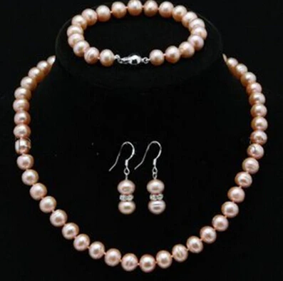 

Jewelry 001330 Genuine Cultured Freshwater 7-8mm ROUND pink Pearl Necklace set 18" (A0423)