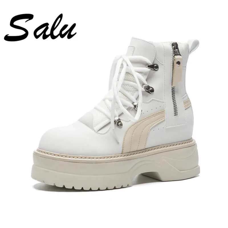 

Salu 2018 microfiber leather ankle boots women lace up simple boots platform comfortable flat shoes woman winter snow boots