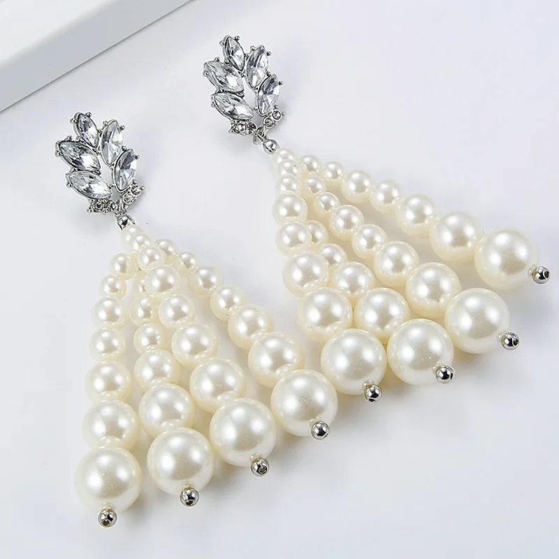 

Statement Crystal Pearl Beaded Tassel Long Drop Earrings For Women Elegant Big Simulated Pearl Dangling Earrings Wedding Jewelry