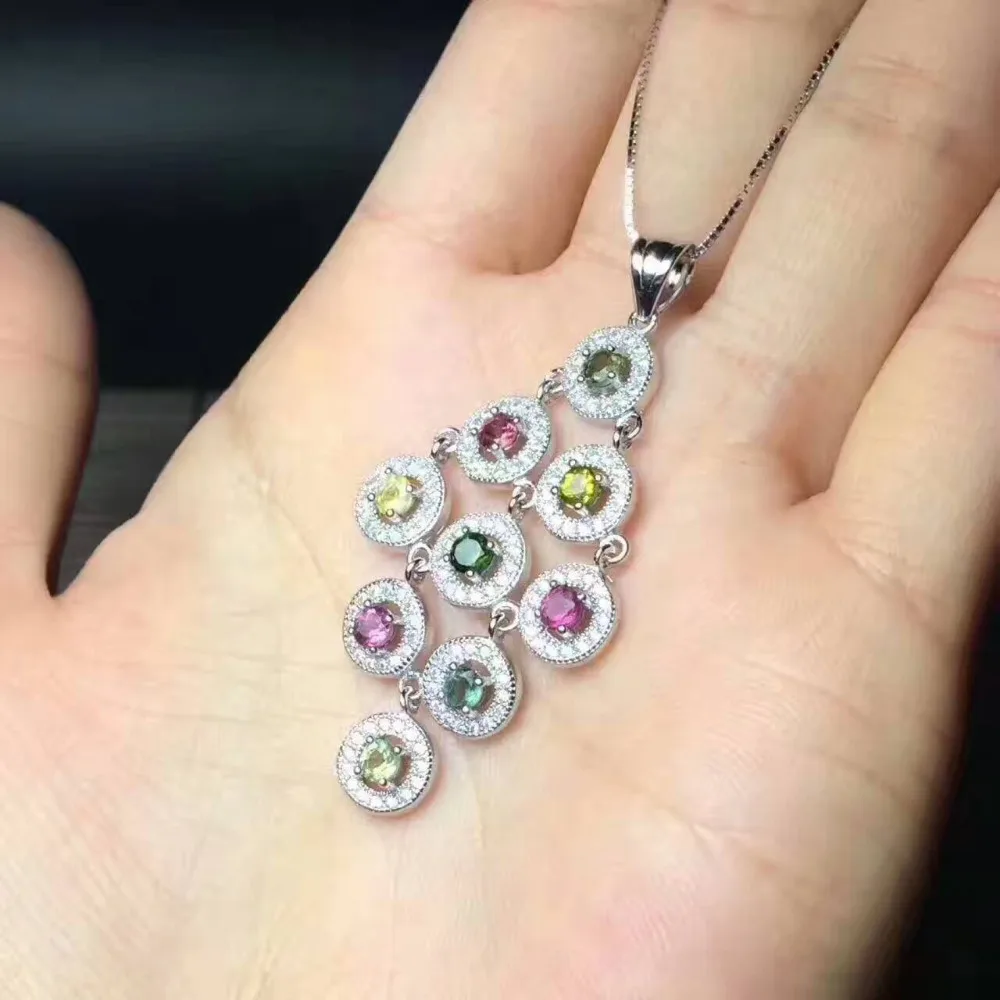  Pendentif tourmaline multicolore naturel pendentif pierre précieuse naturelle S925 argent luxueux c