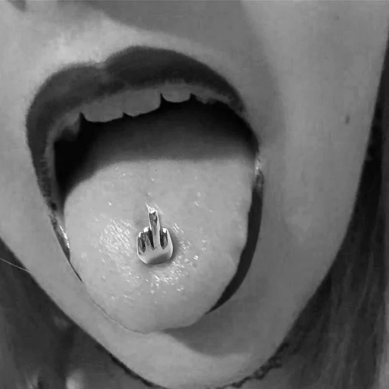 1PC Stainless Steel Middle Finger Gesture Tongue Ring Barbell Stud Piercing Rings Punk Body Jewelry