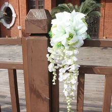 Белая лилия, водопад, свадебный букет, КАПЛЕВИДНАЯ капля, романтичный длинный свадебный букет розы для невесты, искусственные цветы, ярко-розовый, bruidsboeket