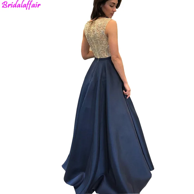 2019 Navy blue Satin Long Prom Dresses Top beads Elegant Evening Dresses Robe De Soiree New bride dress vestidos de gala 2019 Navy blue Satin Long Prom Dresses Top beads Elegant Evening Dresses Robe De Soiree New bride dress vestidos de gala