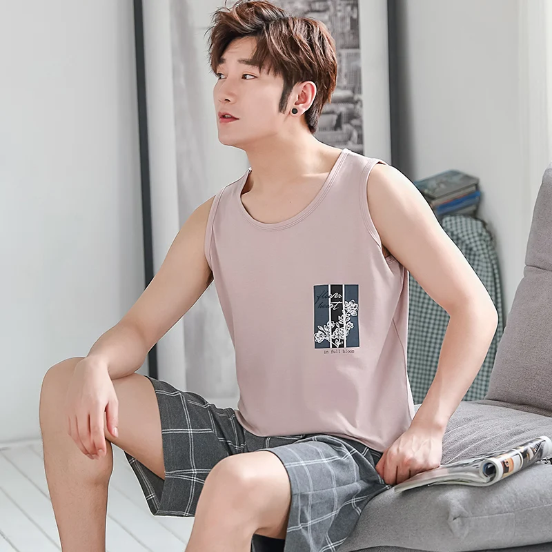 

Men sleep Summer Cotton A231 Short Sleeve Shorts Youth Casual Cotton Summer Thin type solid