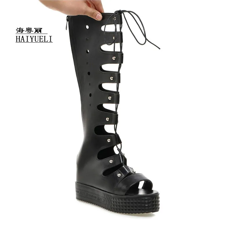 

Women Brand Fashion PU Leather Open Toe Cross Bandage Punk Knee Flat Heels Summer Boots Sandals