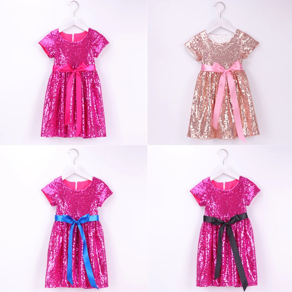 Платье с блестками для маленьких девочек; детское Золотое блестка Блеск; однотонное розовое платье с цветочным узором для девочек; праздничное платье с короткими рукавами