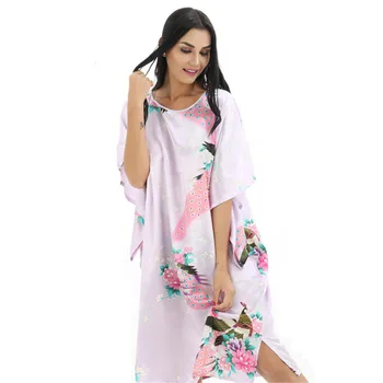 

Summer Women Nightwear Silky Style Nightgown Indoor Clothing Faux Silk Ladies Robe Peacock Printed Knee-Length Home Bathrobe