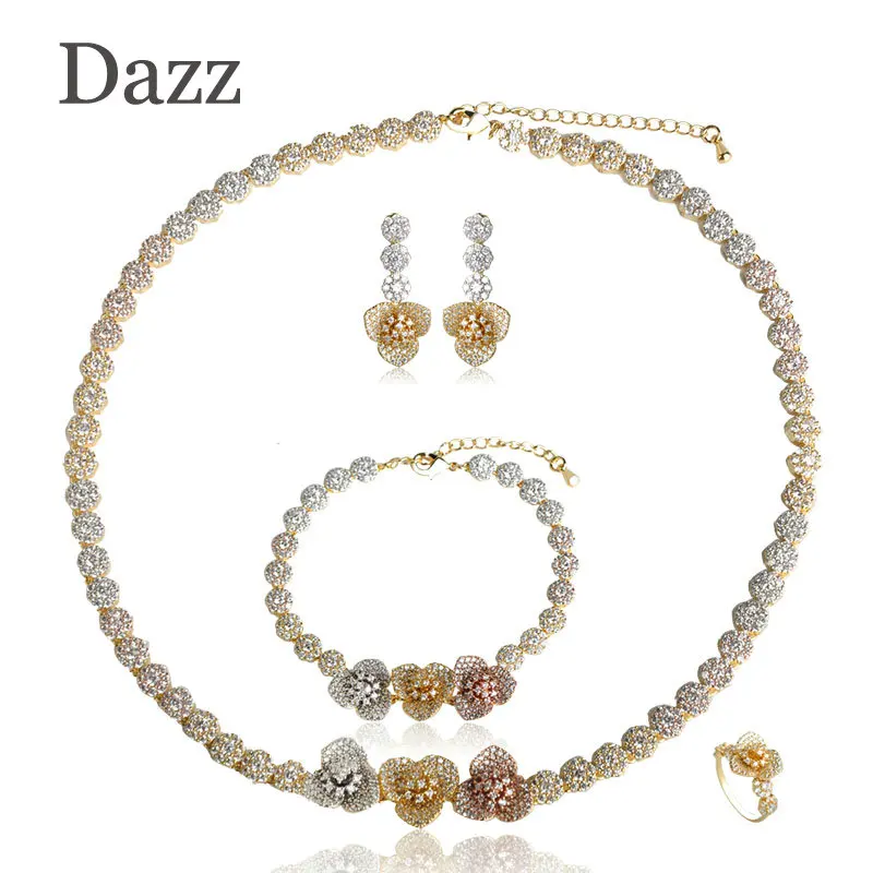 Dazz Luxury Big Gold Color Women Copper Jewelry Sets Indian Dubai Dazzling Cubic Zircon Bridal Wedding Flower Jewelry Set 4Pcs Dazz Luxury Big Gold Color Women Copper Jewelry Sets Indian Dubai Dazzling Cubic Zircon Bridal Wedding Flower Jewelry Set 4Pcs