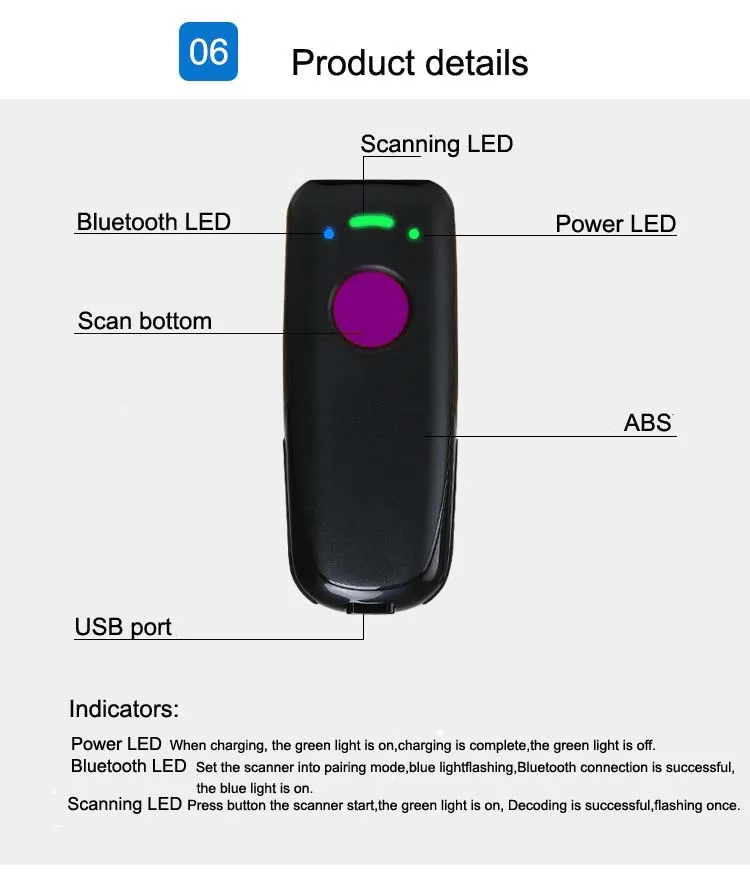 Scanhero2D/QR/1D Pocket Wireless Bluetooth Barcode Scanner Portable Reader Red Light 2D Bar Code Scanner for IOS Android Windows