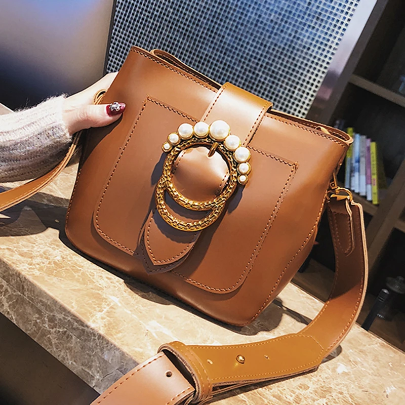 ETAILL Smooth Box Pu font b Leather b font Bucket Bag Retro Pearl Buckle font b