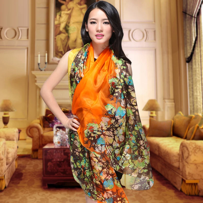 

Spring Autumn Plus Size Pure Silk Scarf Shawl Printed Summer Mulberry Silk Long Scarve Cover Up Female Orange Silk Scarf Cape