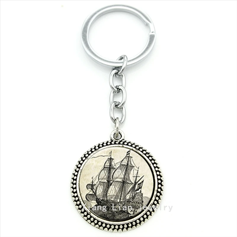 

Fashion men jewelry keychain Bezel Old World Sailing Ship Nautical Flying Dutchman Ocean Sea father gift chaveiro jewelry T190