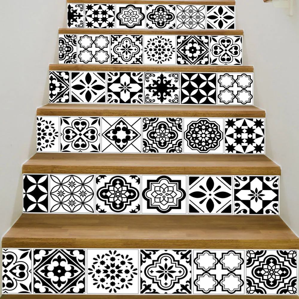 Us 1944 46 Off6pcs Black White Retro Self Adhesive Stairway Stickers For Room Stairs Ceramic Geometric Tile Floor Wall Stair Stickers In Wall