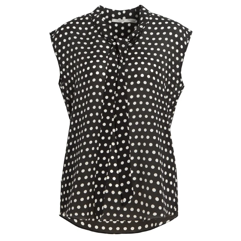 Для женщин, блуза в горошек натуральный шелк креп принт рубашка, блузка без рукавов Офисные женские туфли блузки Летние черные и белые рубашки - Цвет: Черный