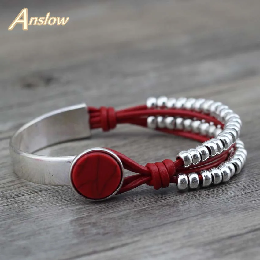 

Anslow Vintage Style Antique Silver Plated Leisure Sports Fashion Leather Bangle Women Friendship Valentine's Day Gift LOW0507LB