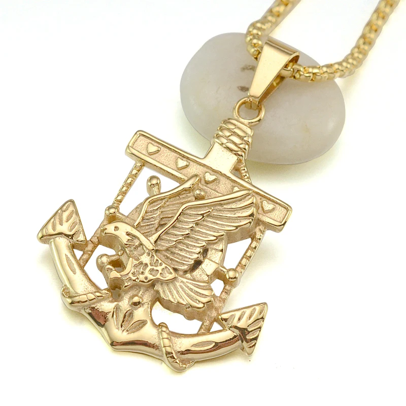 Gold Tone Stainless Steel Flying Eagle Anchor Pendant Necklace 60CM SS