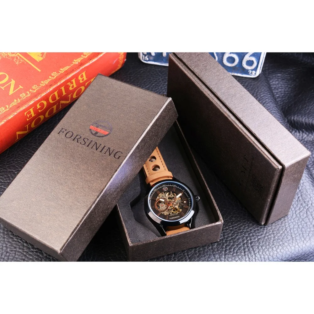 Forsining Watch + Bracelet Set Combination Casual Sport Genuine Leather Army Military Automatic Men Wrist Watches Skeleton Clock
