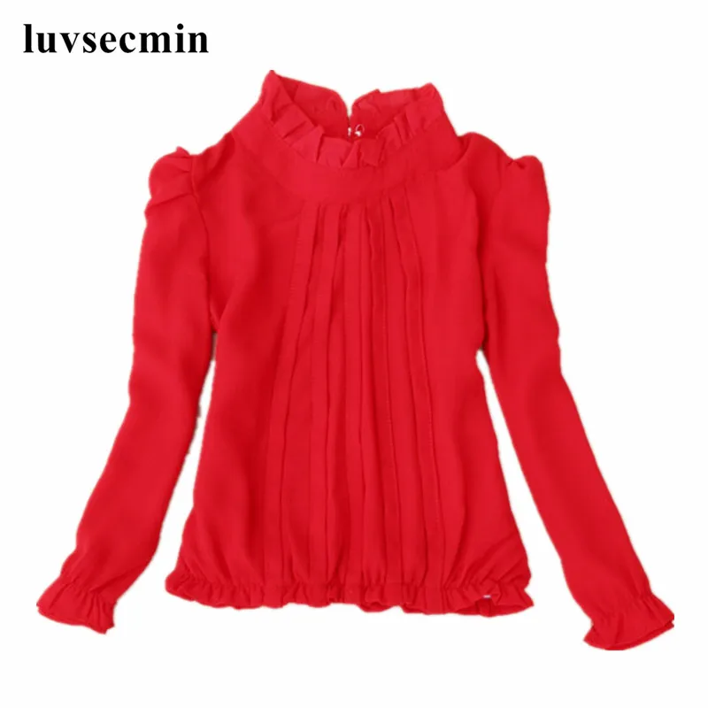 

2016 Fall 2-16Y Chiffon Ruffles Baby Teenage Big Girls White Red Blouse Child Long Sleeve School Girl Tops Kids Shirts JW0553