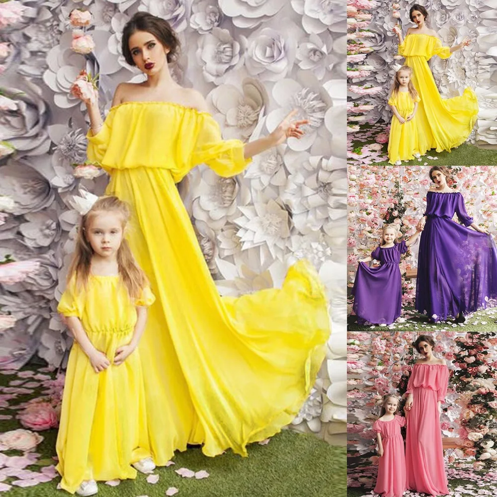 

Puseky Family Mother Daughter Match Dress Off Shoulder Puff Half Sleeve Grace Parent Mom Kid Child Girl Clothes Wear Outfit