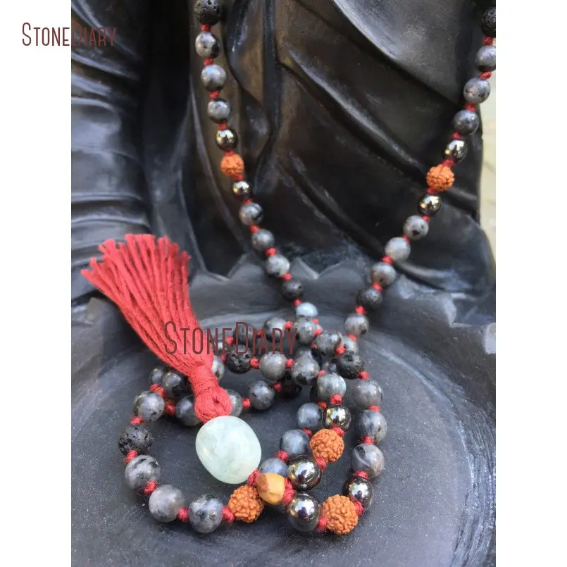 20180312-NM10922-Hand knotted Larvikite, Hematite & Rudraksha 108 Bead Mala lava stone aquamarine guru bead grounding protection meditation yoga mantra_4