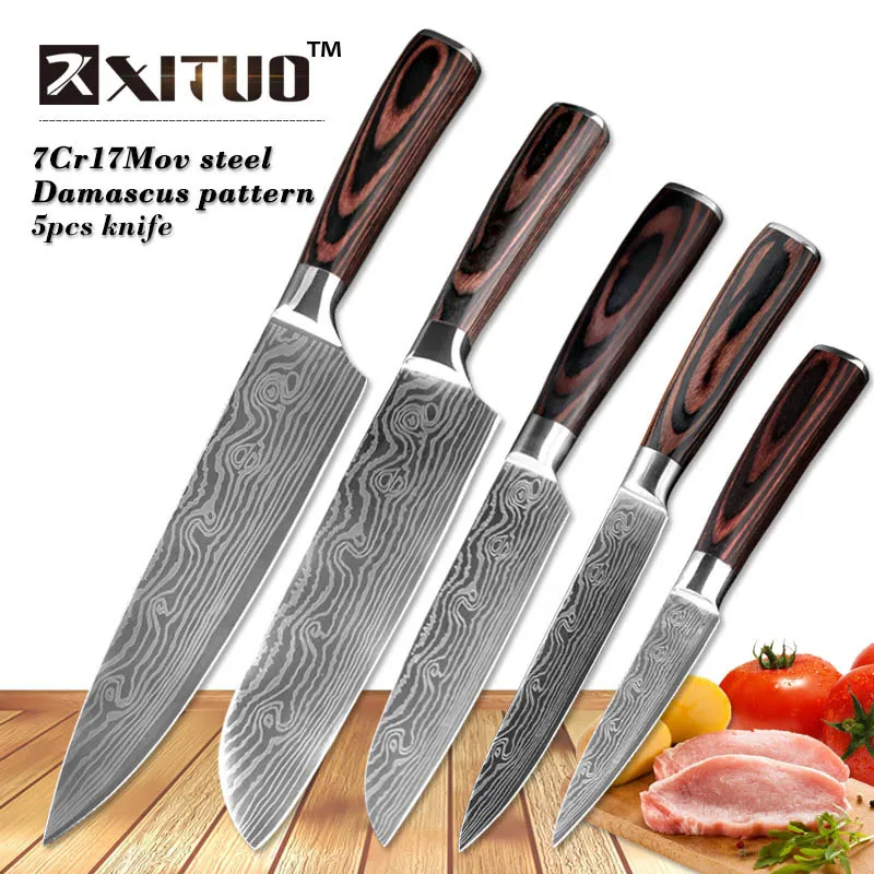 XITUO Новые Красивые вены кухонные ножи для очистки овощей утилита Santoku нарезки шеф-повара Дамасские вены цветной деревянной ручкой нож из нержавеющей стали - Цвет: 5PCS set