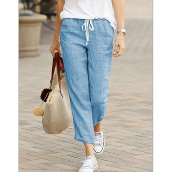 

Plus Size S-3XL Women Summer Casual Loose Straight Elasticed Waist Trousers Femme Solid Cotton Linen Pants Streetwear SJ3588E