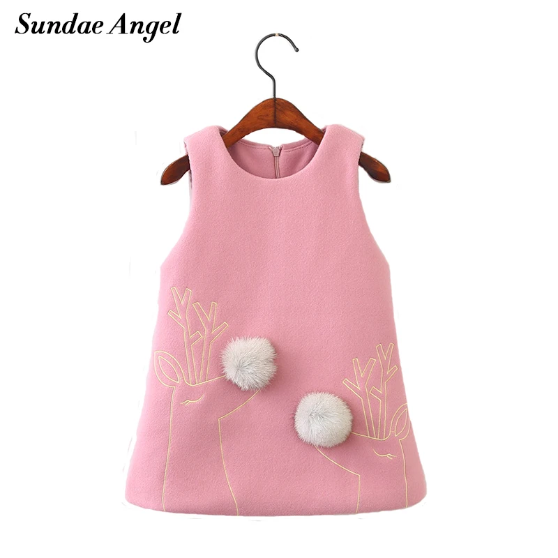 

Sundae Angel Warm winter dress girl Round Neck Fur Ball Giraffes Girls dress thicken girls warm for children's Clothes 2-7 Year