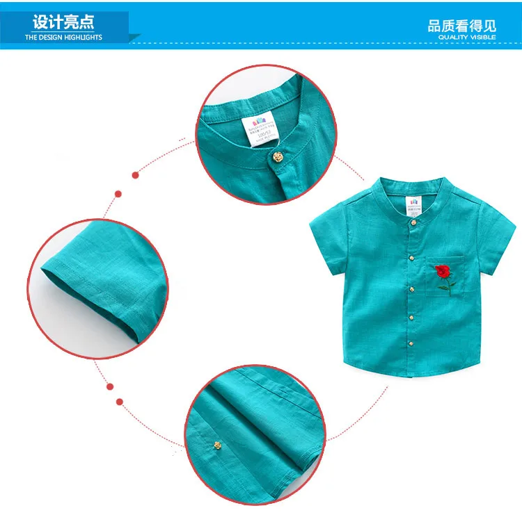 2-10 Years Kids Clothes 2018 Summer Fashion Cotton Blue Color Embroidery Flower Short Sleeve Mandarin Collar Birthday Boy Shirt (1)