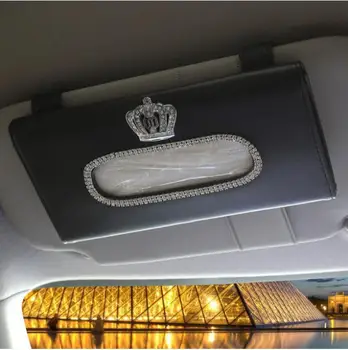 

Luxury Car Tissue Box Sun Visor Type Napkins Paper Holder Case Crown Rhinestone Covered Artificial Leather With Paper Tissue Box