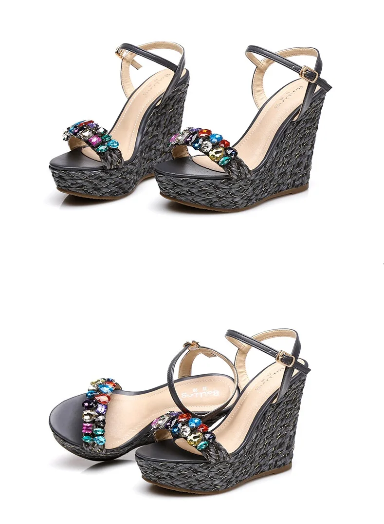 24_Summer Womens Black Buckle Sandals Fashion Elegant Silver Rhinestone Shoes Wedding Bridal High Heel Platform Wedges