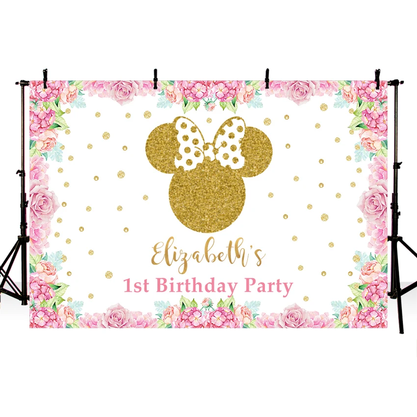 

MEHOFOTO Flower Photocall Photobooth Gold Minnie Polka Dots Bow Kid Custom Photo Studio Backdrop Background Photography