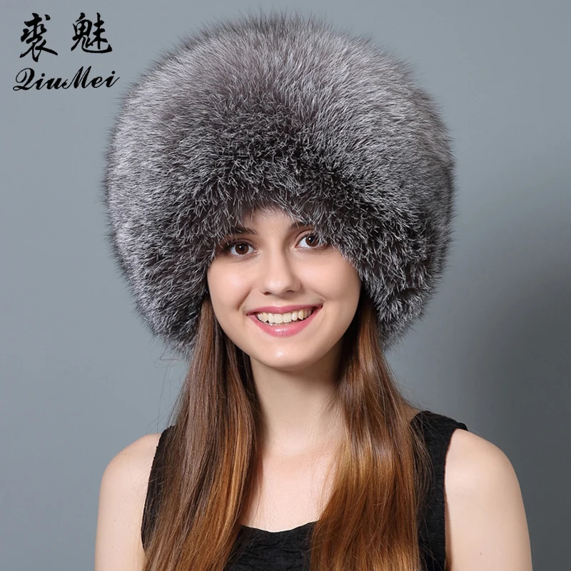 

QiuMei Fox Fur Bomber Winter Hats Full Pelt Real Rex Rabbit Fur Top With Natural Tails Hat Genuine Fur Bomber Women Hats Russian