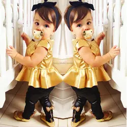 2015 горячие и новый европейский Стиль Обувь для девочек Повседневное с короткими рукавами золота из двух частей Костюмы комплект