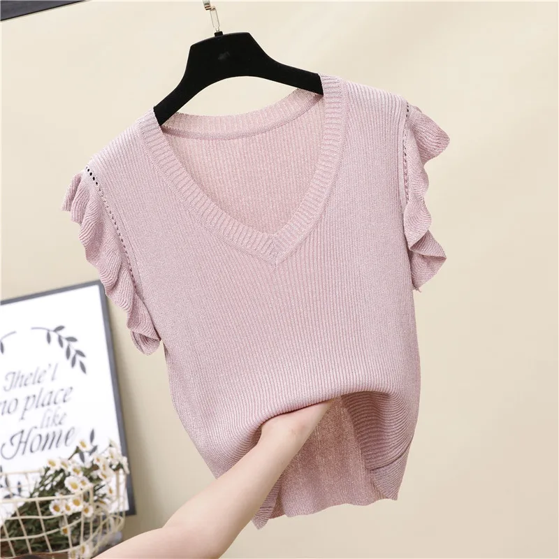 Dingaozlz New Fashion Women Knitted shirt Summer Ruffles Sleeve Pullovers Tops Solid color V-neck Casual Sweater Dingaozlz New Fashion Women Knitted shirt Summer Ruffles Sleeve Pullovers Tops Solid color V-neck Casual Sweater