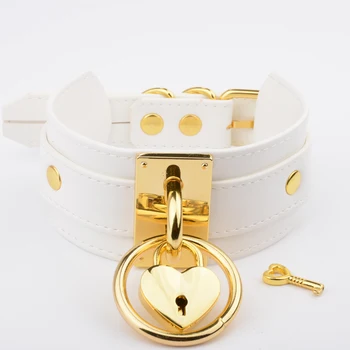 

Handmade White Leather Choker Oversized Wide Layered Slave Collar Heart Locket Necklace for Women Girls Choker